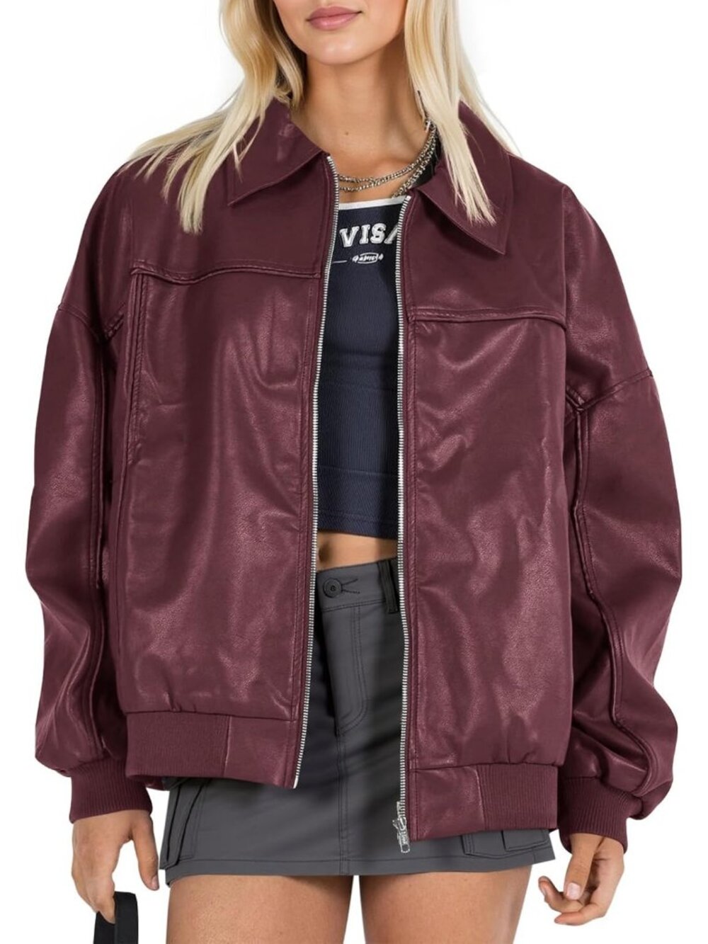 Women's Burgundy Faux Leather Oversized Moto Biker Bomber Jacket ZIP Up Coat